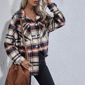 Cream and Black Oversized Button Down Shirt with Notched Collar